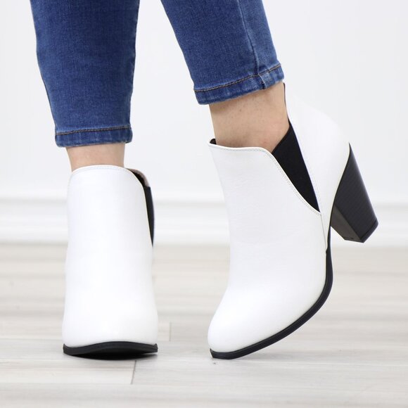 Chelsea Cone High Heel Ankle Boots White Synthetic Leather Pointed Toe - Picture 10 of 12